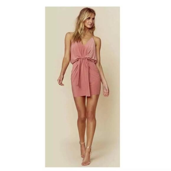 MISA Los Angeles Domino Draped Mini Dress Coral Pink Tie Front Size XS NWT - Picture 3 of 12